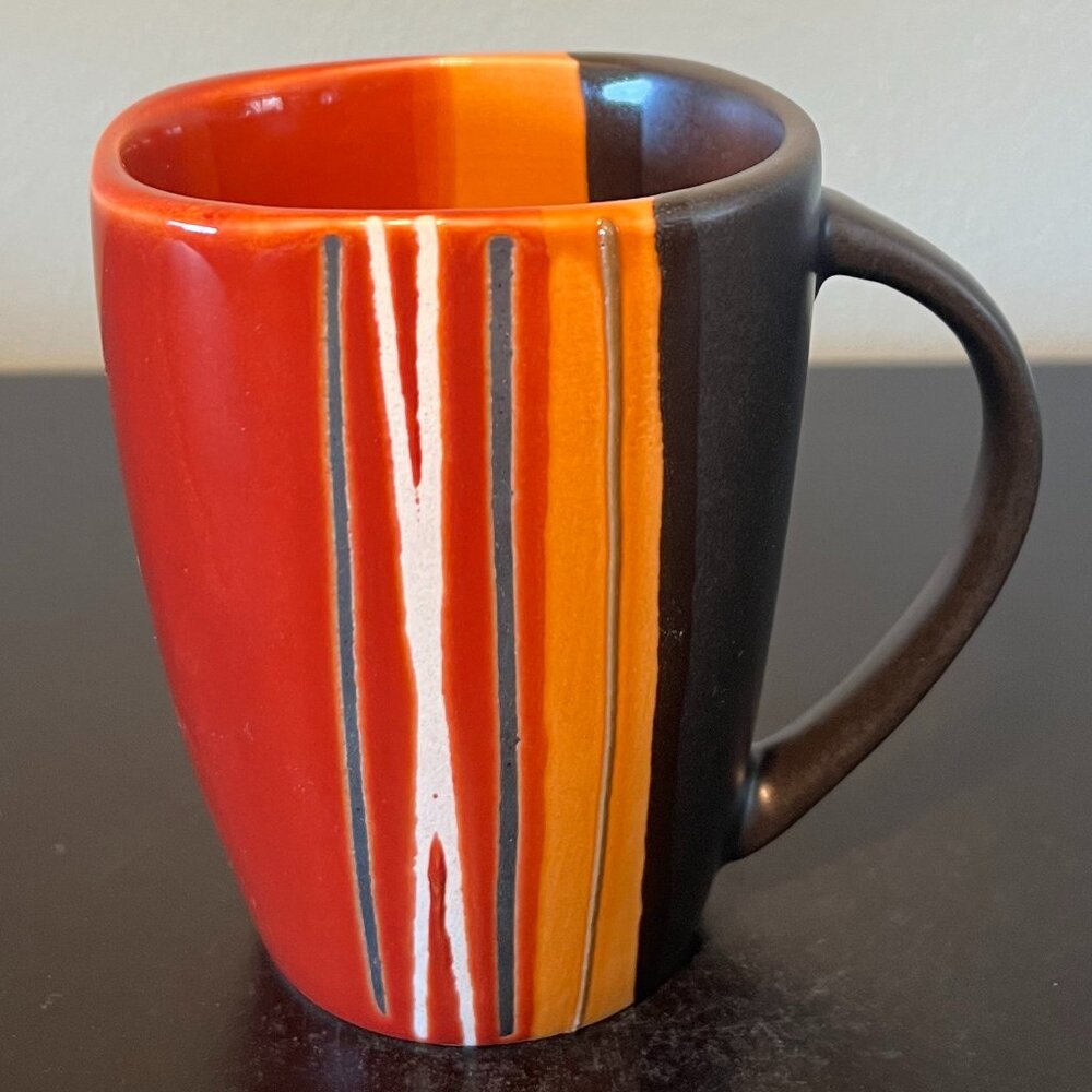 HomeTrends BAZAAR Stoneware Coffee Mug Red Black Orange White Striped 15 oz Cup